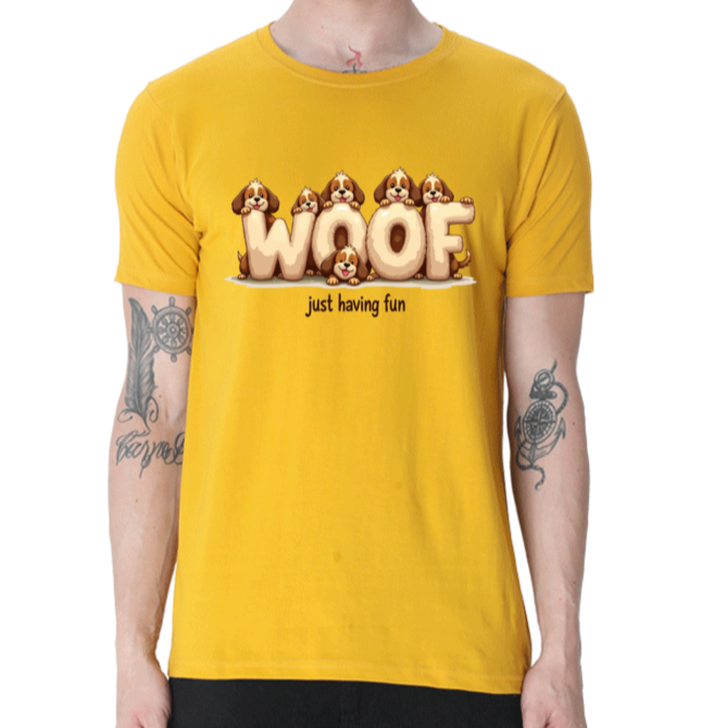 Image of a man wearing a T_Shirt with the wordings 'WOOF just having fun along with small images of dogs.